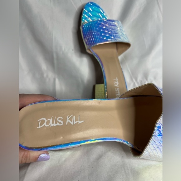 Dolls Kill Holographic Iridescent Pure Prismatic Poison Snake Block Heel Sandals - Picture 10 of 15